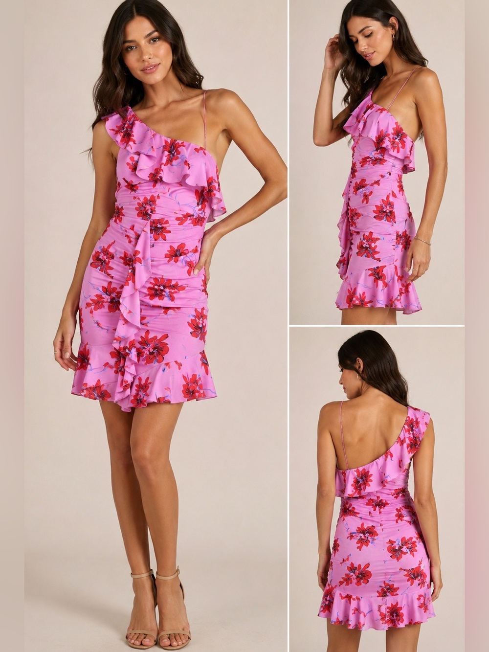 Likely Pink Floral One Shoulder Ruffle Mini Dress Size 4 NWT